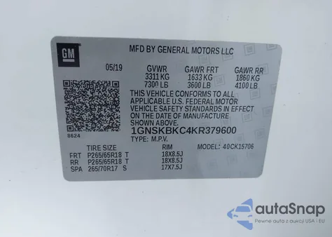 2019 Chevrolet Tahoe Lt z USA, uszkodzony, nr VIN 1GNSKBKC4KR379600